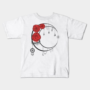 Light Moon With Black Lines Red Roses Tattoo Kids T-Shirt